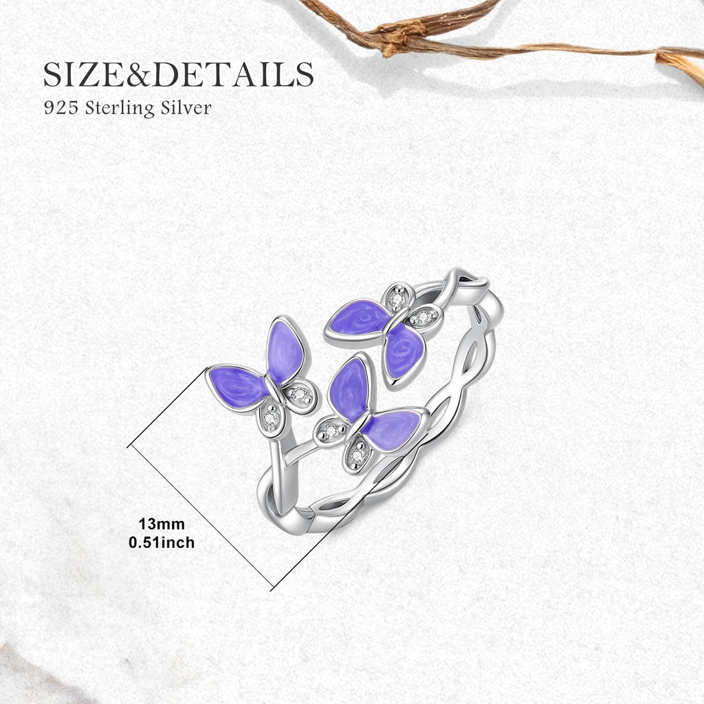 LWXIE Diamond Butterfly Rings for Women 925 Sterling Silver Purple Enamel Floral Butterfly Ring with Lab Grown Diamond Jewelry Gifts for Birthday