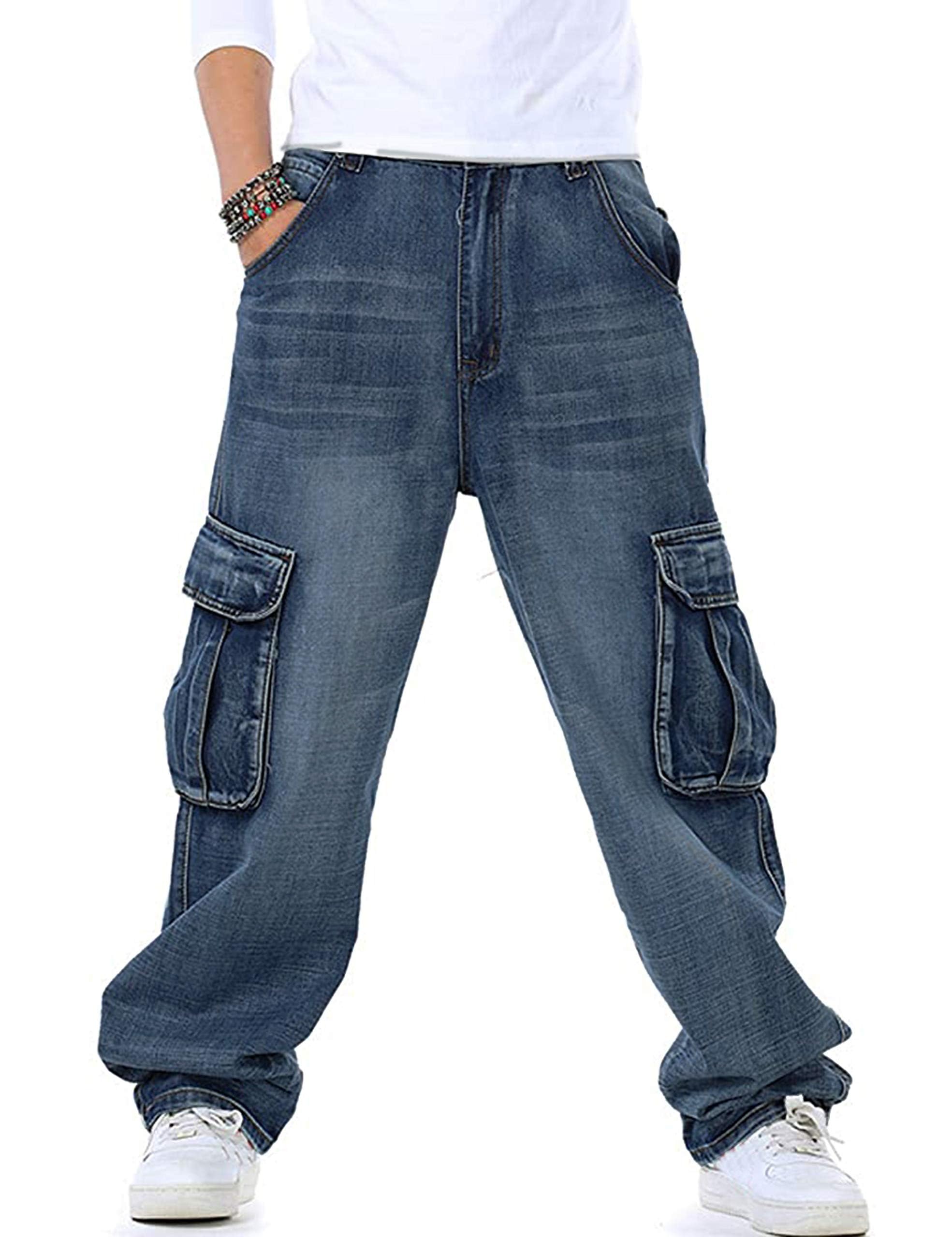 Yeokou Men's Casual Loose Hip Hop Denim Work Pants Jeans with Cargo Pockets(LightBlue-44)