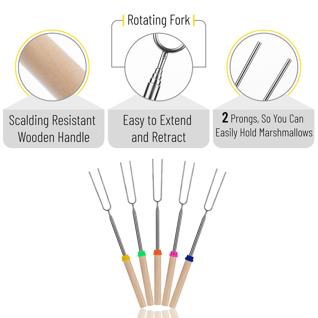 UNCO- Extendable Stainless Steel Roasting Sticks, 5 Pack, 32" - For S'mores, Hot Dogs, Campfires and Fire Pits
