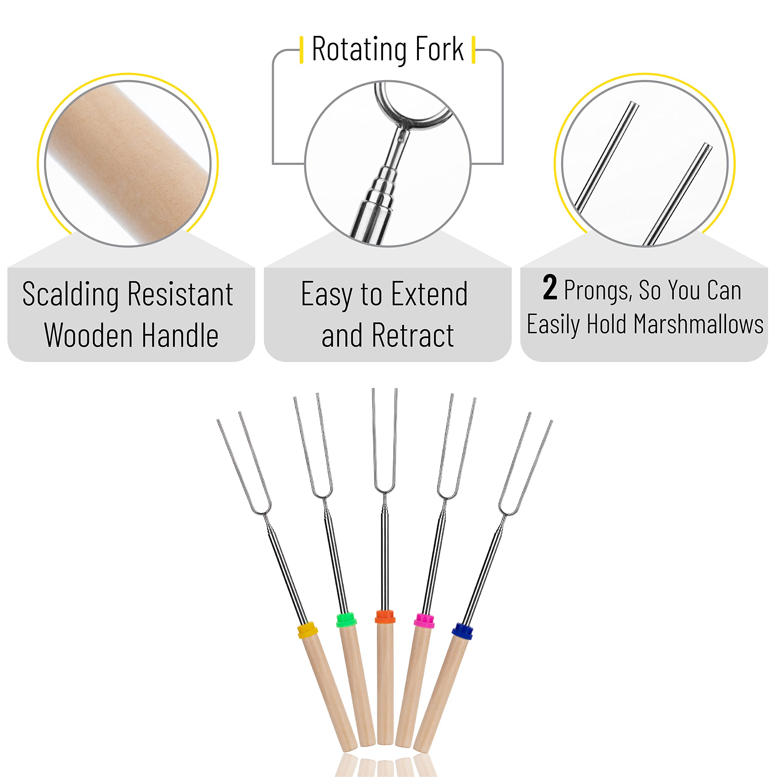 UNCO- Extendable Stainless Steel Roasting Sticks, 5 Pack, 32" - For S'mores, Hot Dogs, Campfires and Fire Pits