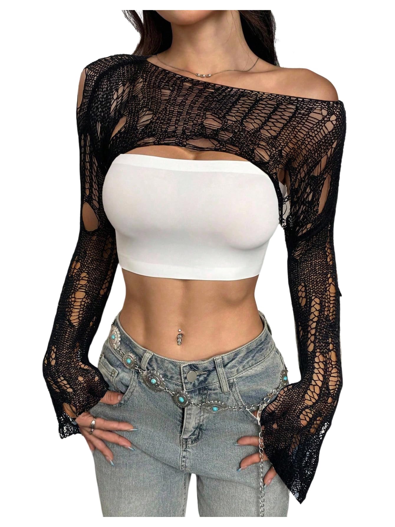 WDIRARA Women's Off Shoulder Crochet Distressed Hollow Out Long Sleeve Bolero Shrug Pullover Crop Top Black Medium
