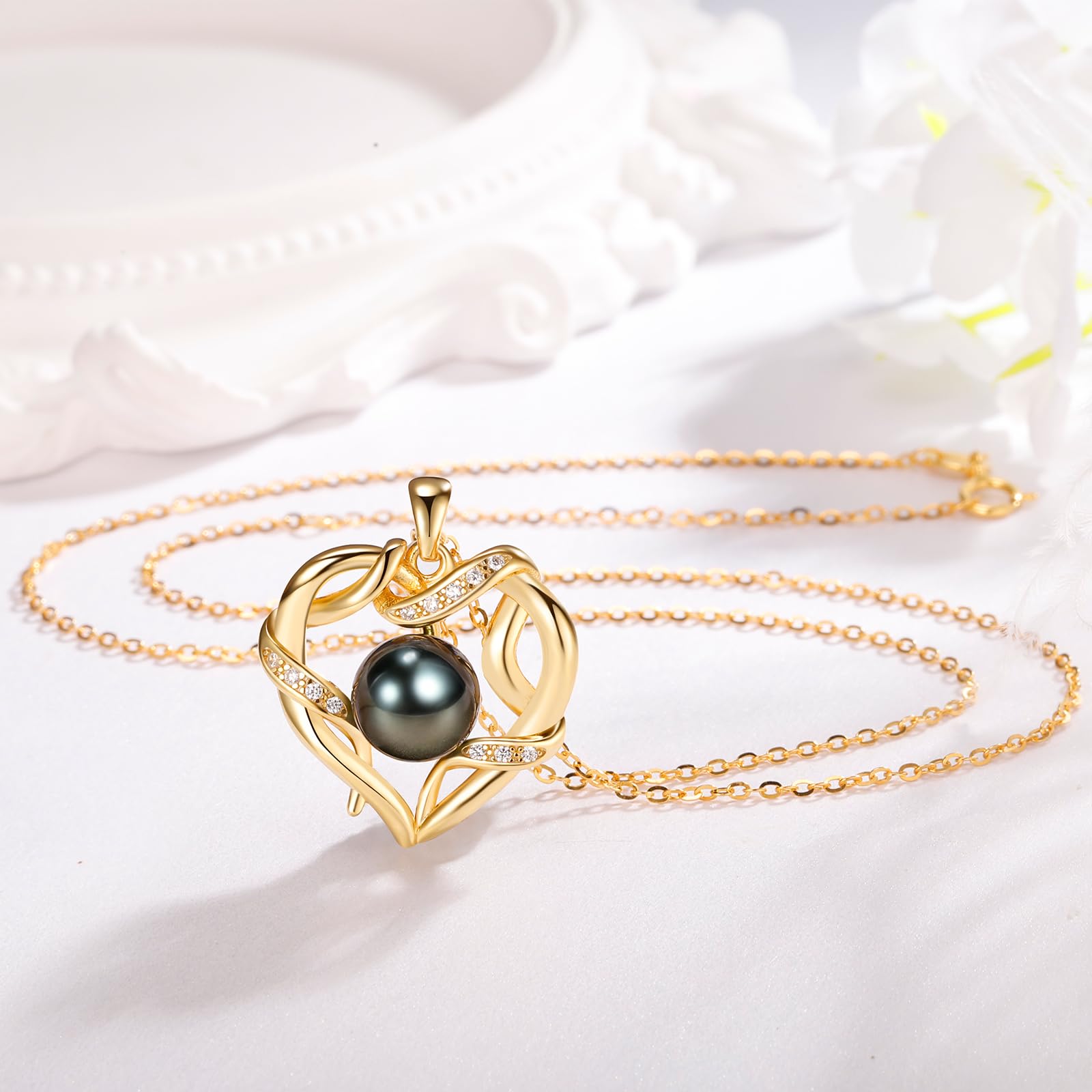 NONNYL Jewelry for Women Wedding Birthday Anniversary Christmas Gifts for Women- Tahitian Black Pearl- Heart Necklace- Wife Mom Girlfriend Her Anniversary Birthday- Mothers Day Valentine Jewelry Gifts