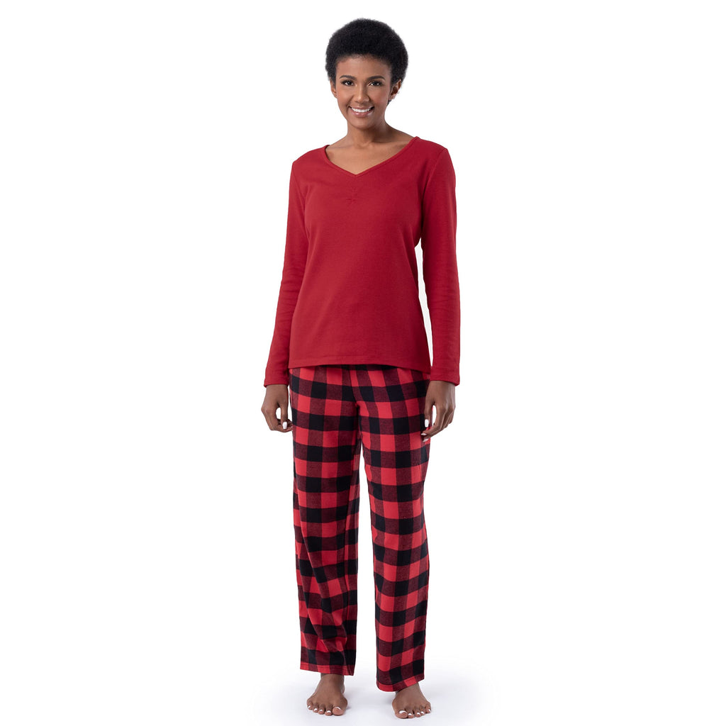 Fruit of the Loom Women's Waffle V-Neck Top and Flannel Pant Sleep Set, Radiant Red/Buffalo Check, X-Large