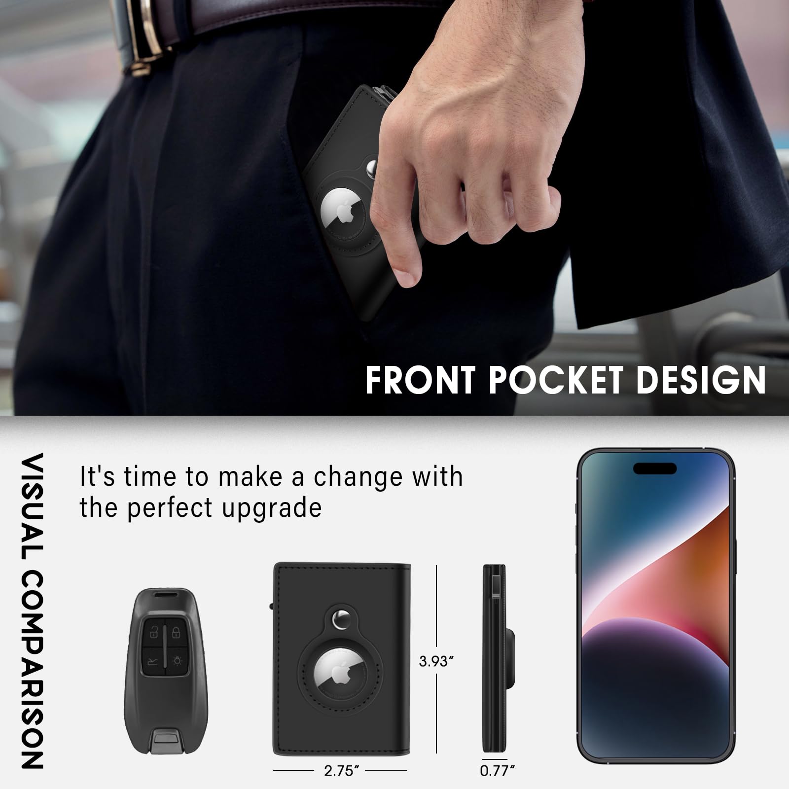 GAOCHALE AirTag Wallet Genuine Leather Air Tag Wallet RFID Technology Credit Card Holder with Minimalist Wallet for Men for Apple AirTag (No Airtag Included)(Black)