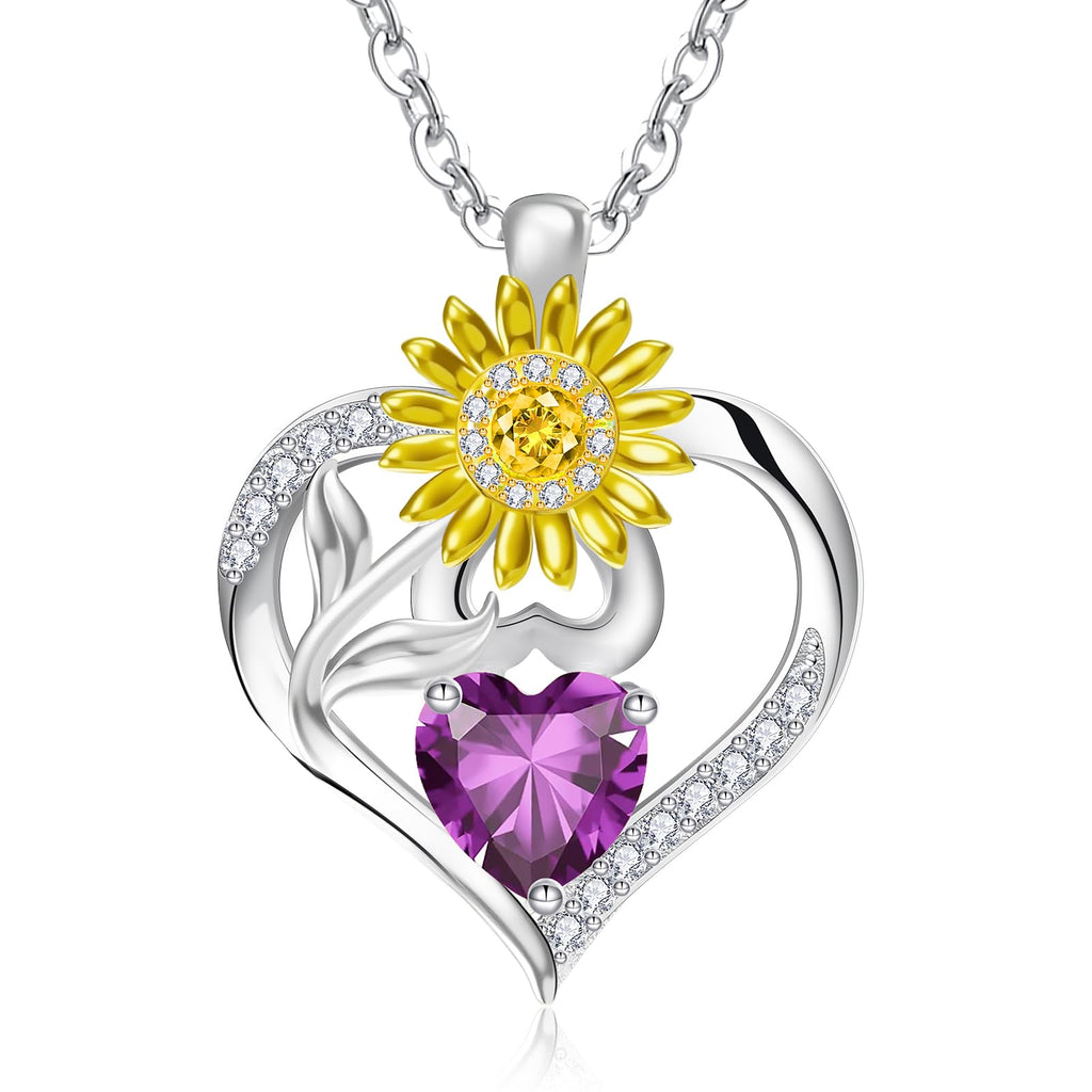 RIVIKO Valentine's Day Gifts for Her-Sunflower Birthstone Necklace for Women,925 Sterling Silver Heart Pendant,Anniversary Birthday Gifts for Women,Feb Birthstone Jewelry for Wife Mother