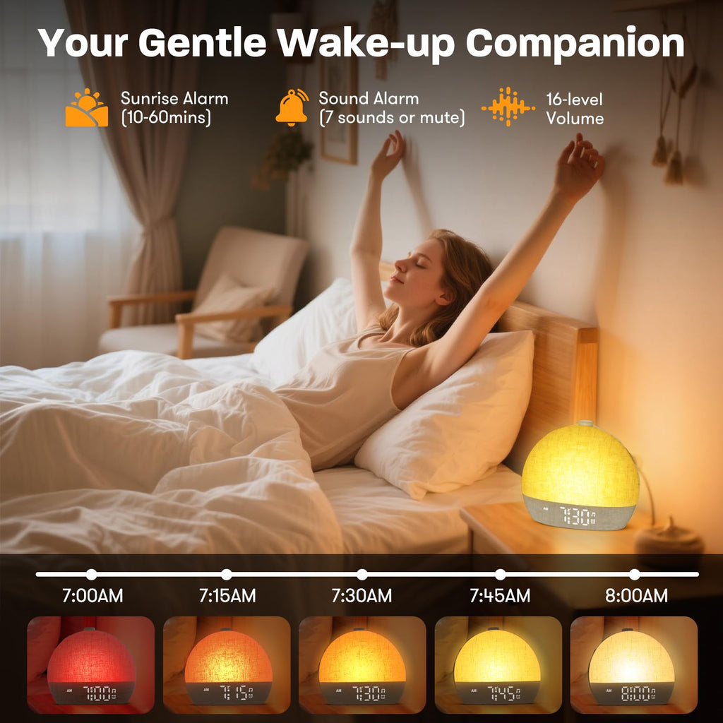 Wake Up Light Sunrise Alarm Clock,White Noise Machine with 30 Soothing Sounds,Stepless Dimmer Digital Alarm Clock Bedside Night Light 12 Colors, Alarm Clocks for Heavy Sleepers Adults/Kids/ Bedroom
