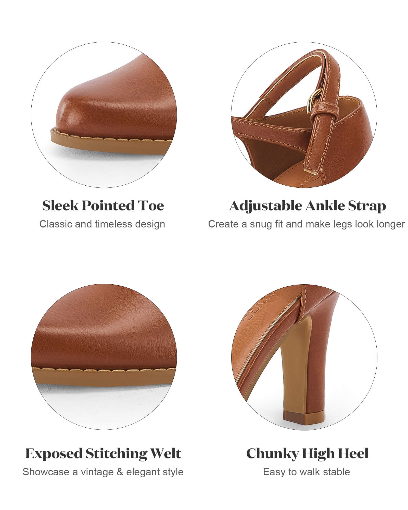 Coutgo Womens Chunky High Heels Closed Pointed Toe Ankle Strap Pumps Vintage D'Orsay Dress Party Shoes, Brown, Size 8.5