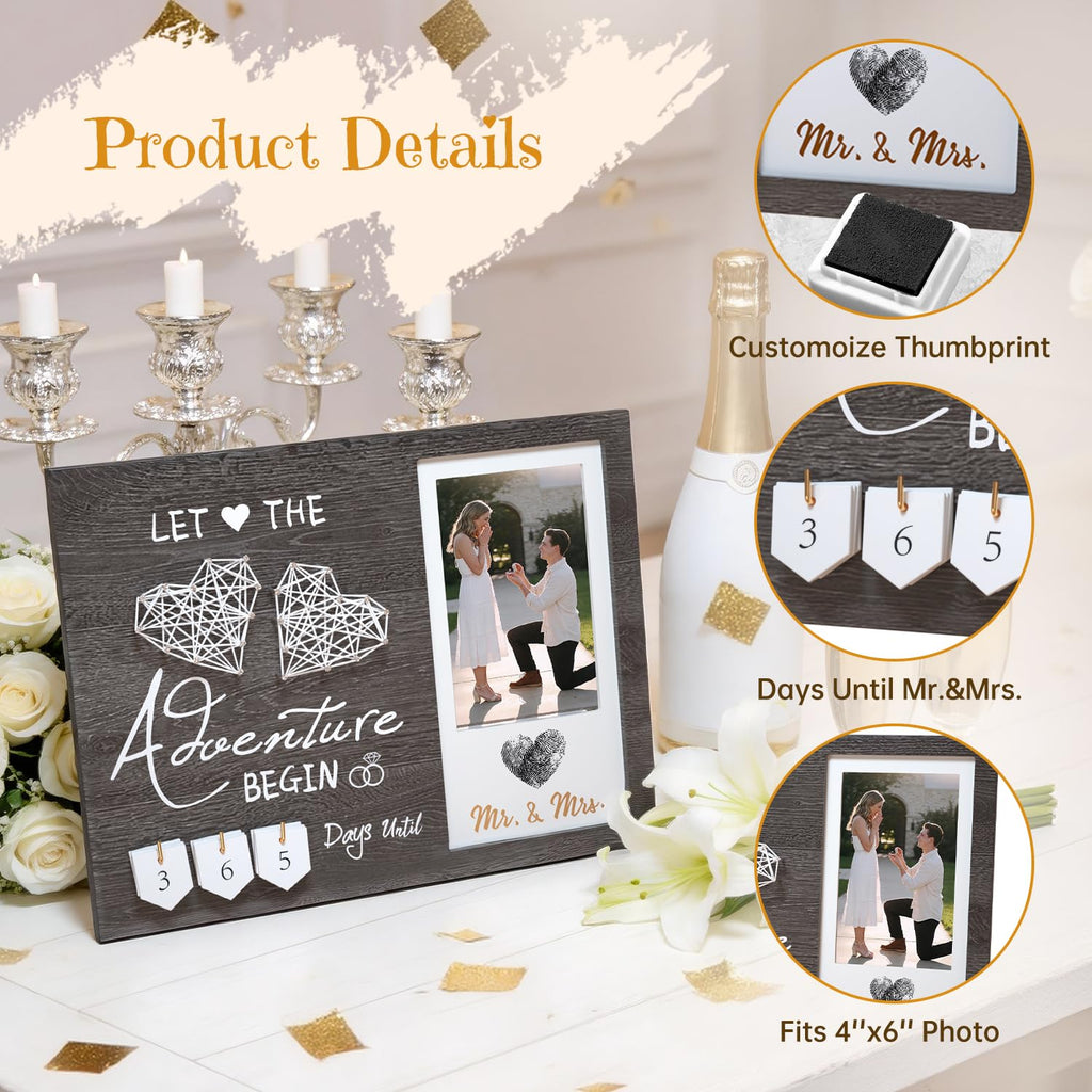 Inovayer Engagement Gifts for Couple, Wedding Countdown Heart Thumbprint Picture Frame and Ink Kit, Bride to be Gift, Cool Engagement Present for Her Women, Fiance Gifts