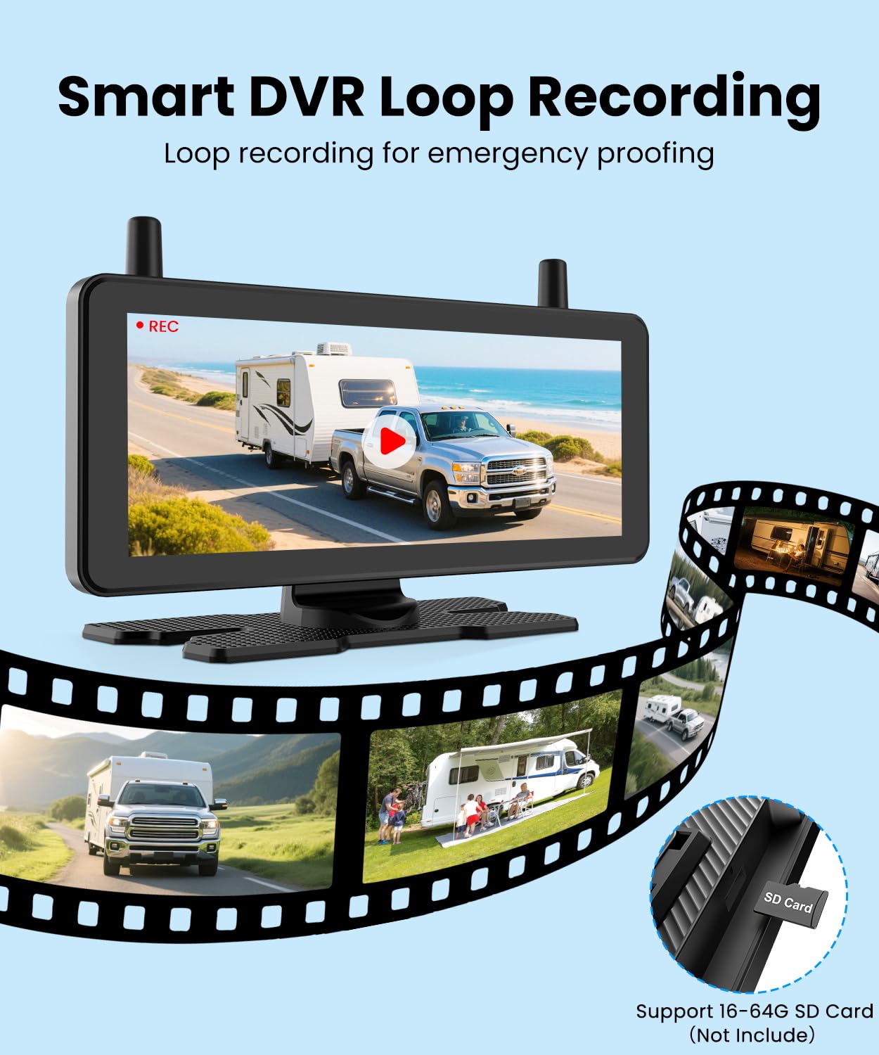 AUTO-VOX 2 Solar Wireless Backup Camera System: 7.2” 1080P HD Monitor, 3-Min Quick Installation for Wider Rear & Trailer View, IP69K Waterproof Back Up Camera for Truck, RV, Camper, Horse/Boat Trailer