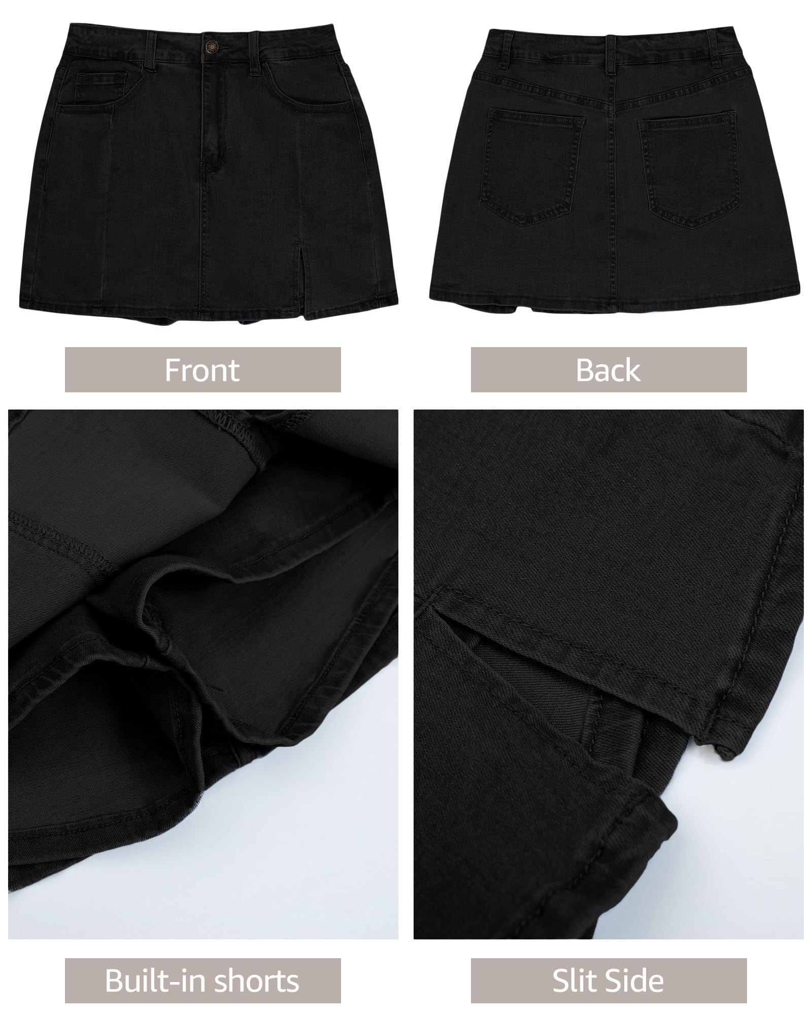 luvamia Skorts Skirts for Women Denim Mini Skirt Side Slit with High Waisted Jean Shorts Stretchy Black Jean Shorts for Women Cute Country Concert Outfits Soft Black X-Large Size 16-18