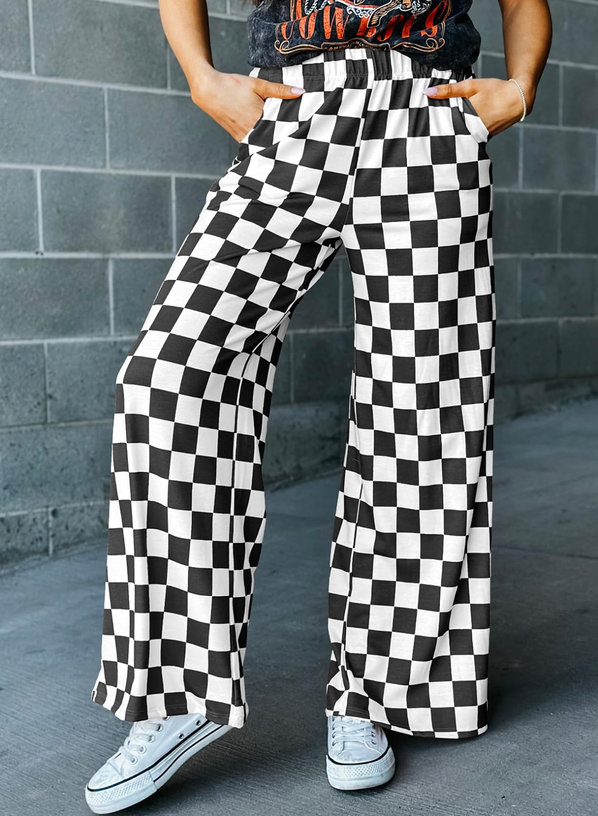 Acelitt Women's Casual Checkered Pants 2026 Spring Summer Lightweight Elastic Waist Comfy Loose Wide Leg Plaid Beach Pants Trousers Vacation Outfits Black Small