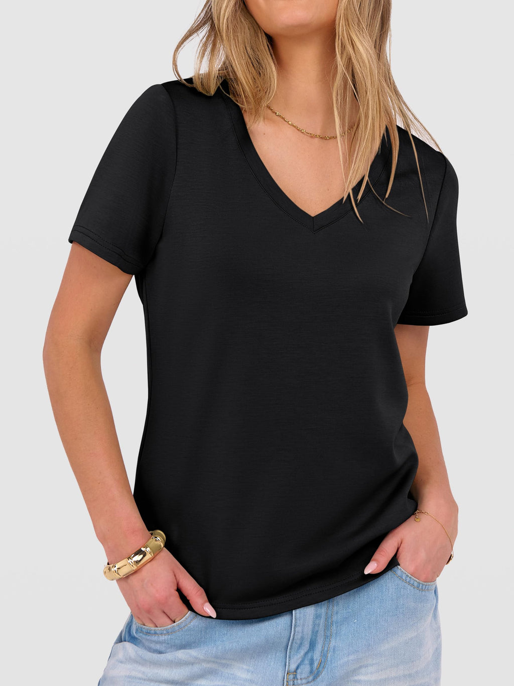 ANRABESS Womens Short Sleeve Tops Casual V Neck Wrinkle - Free Basic T Shirts Summer Cute Tee 2026 Spring Fashion Clothes Black Small