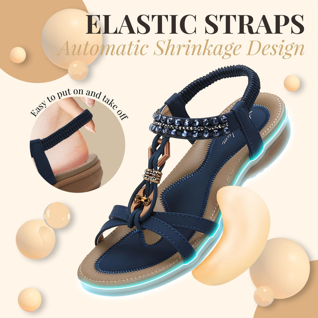 Littleplum Womens Sandals Arch Support Slingback Rhinestone Dressy Sandals Comfort Summer Shoes Ankle Strap Elastic Flats for Beach Walking Stylish Navy Blue Size 6
