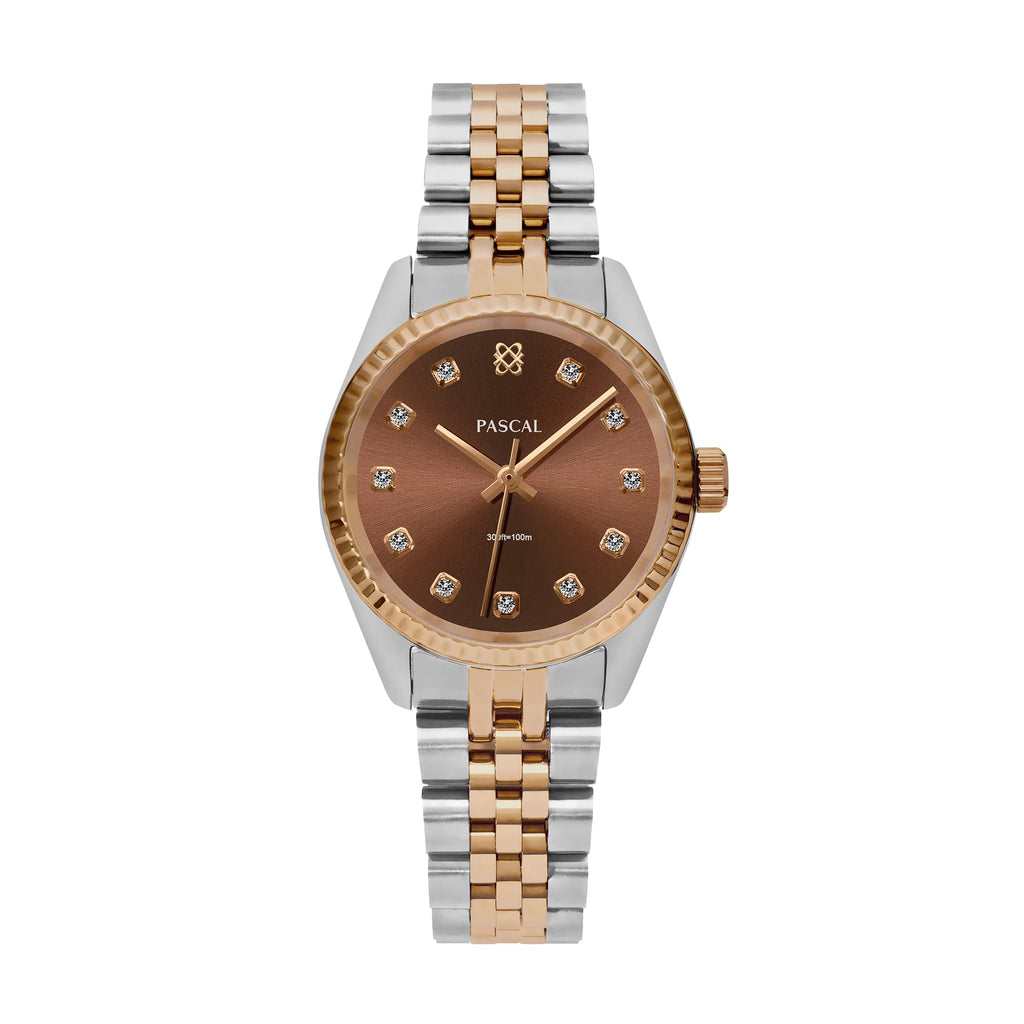 PASCAL Women's Timeless Classic Diamond Watch – Swiss Quartz Watch with Lab-Grown Diamonds, Sapphire Crystal, Elegant Dress Watch Gift,10 ATM Water Resistant, Fits 6.5"-9.5" Wrists (Brown, 31mm)