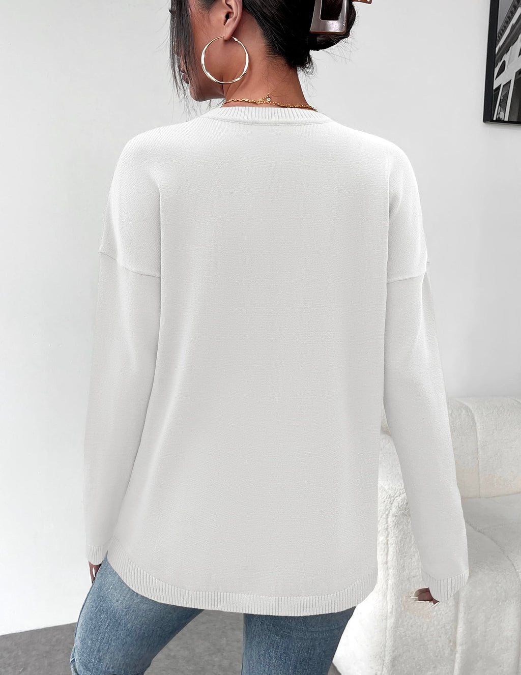 Zeagoo Womens Sweaters Crew Neck Long Sleeve Tops Casual Solid Color Knit Loose Pullover Fall Outfits White S