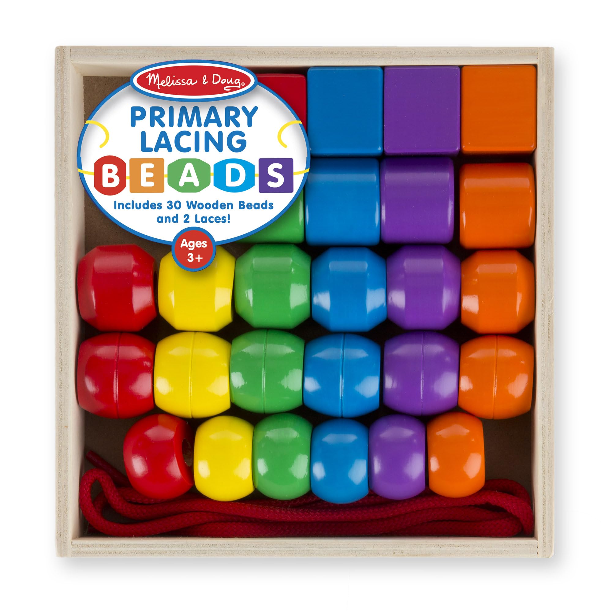 Melissa & Doug Primary Lacing Beads – 30 Wooden Beads for Crafts & 2 Laces in Toy Storage Box, Small Beads for Kids Arts and Crafts Kits, Preschool Learning Toys for Girls & Boys Ages 3+