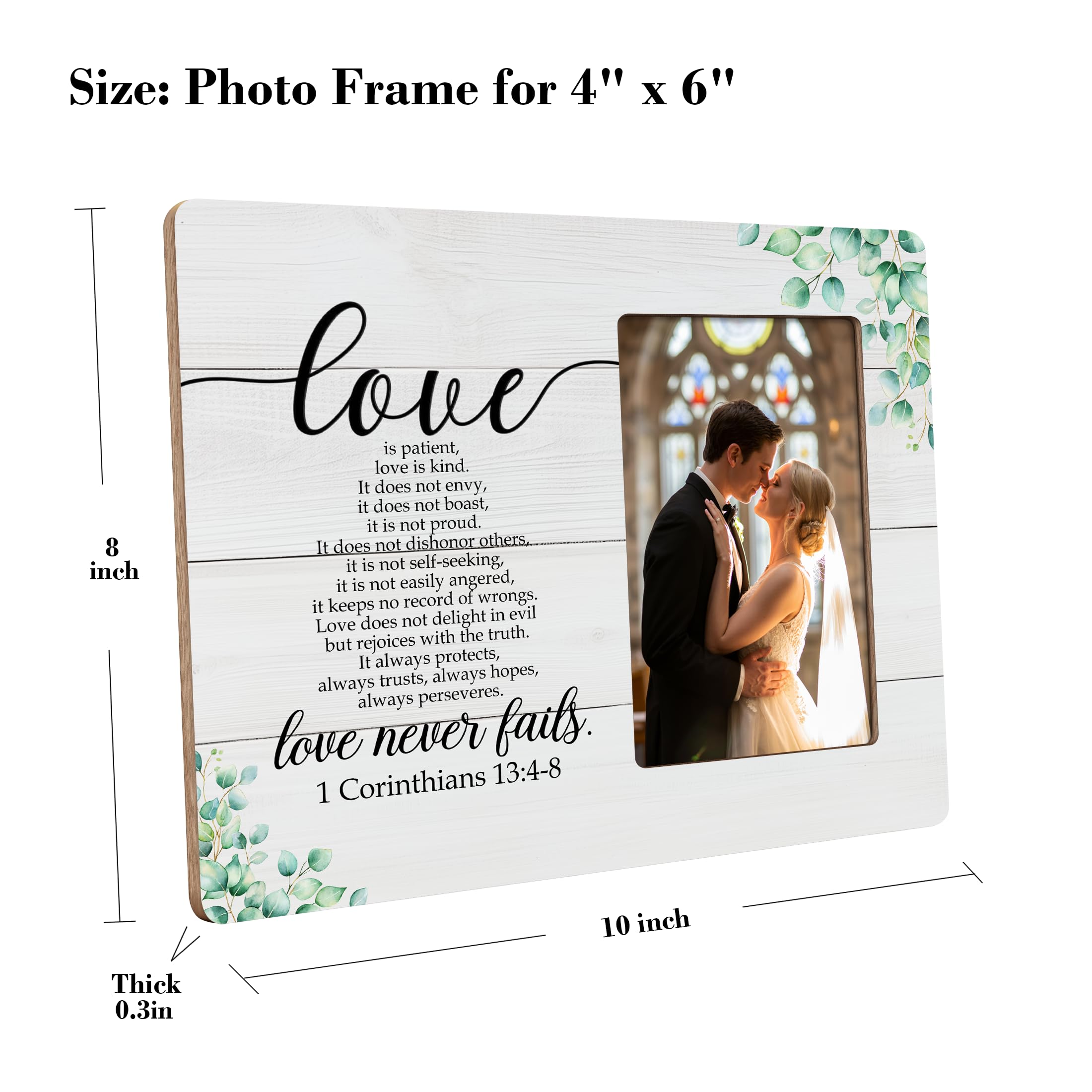 DIMSEOIUS Christian Wedding Gifts for the Couple, Love is Patient Love is Kind Picture Frame, Bible Verse Love Never Fails 1 Corinthians Frames Fits 4x6 Photo
