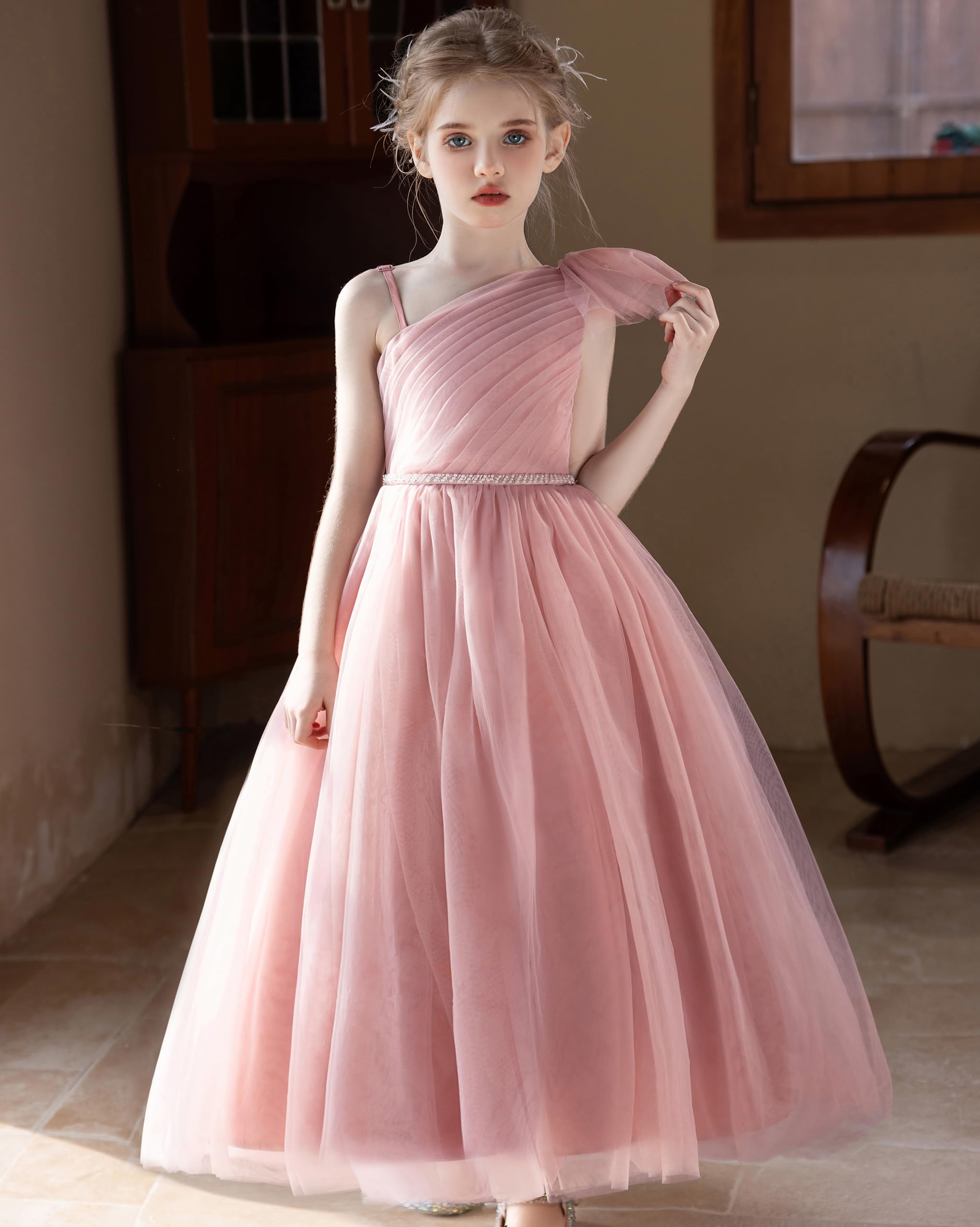 GetWish Tulle Flower Girls Dress One Shoulder Formal Princess Wedding Pageant Birthday Party Holiday Ball Gown Dresses
