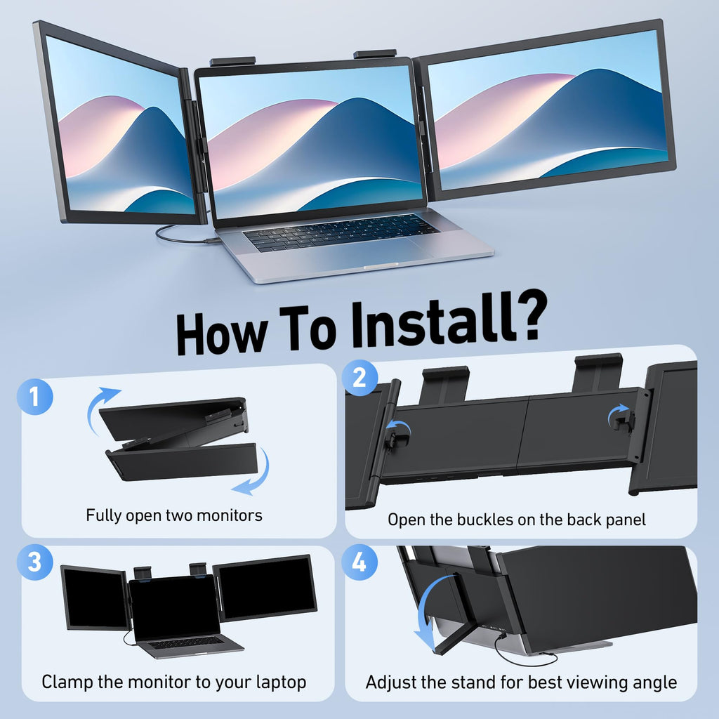 Pornitor Laptop Screen Extender, 14’’ FHD 1080P Triple Portable Monitor for Laptop with Ultra-Slim IPS Display, USB-C Plug and Play Multi Screen Attachment for 14"-16.5" Laptops