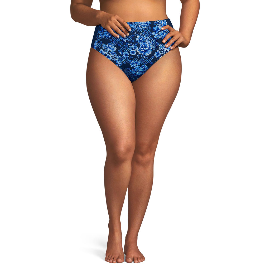 Lands' End Women's Seamed High Waisted Bikini Bottoms 2 Deep Sea Navy Mosaic Floral