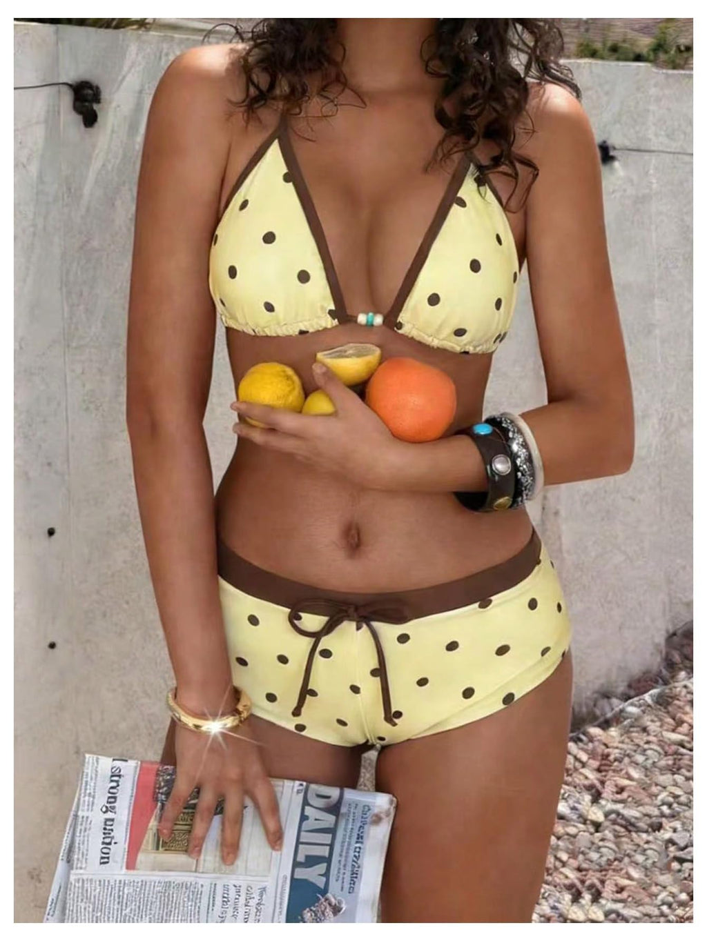 WDIRARA Women's Polka Dots 2 Piece Swimsuit Triangle Halter Bikini Set Boyshorts Bathing Suit Light Yellow Medium