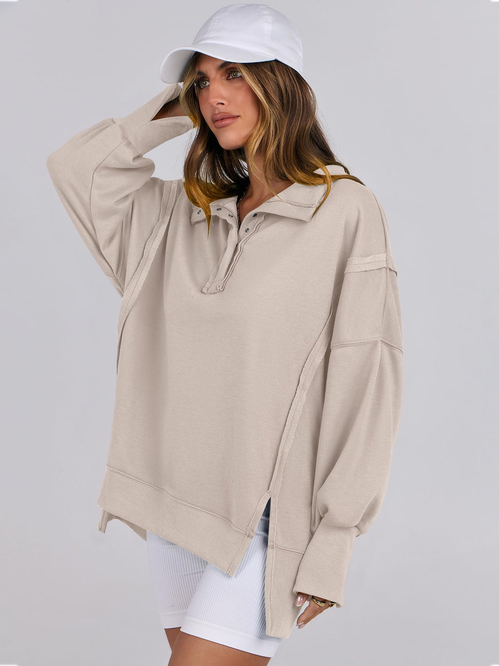 ANRABESS Women's Sweatshirts Oversized Casual Loose Button Up Henley Pullover Top High Low Split 2025 Fall Fashion Outfits Apricot Medium