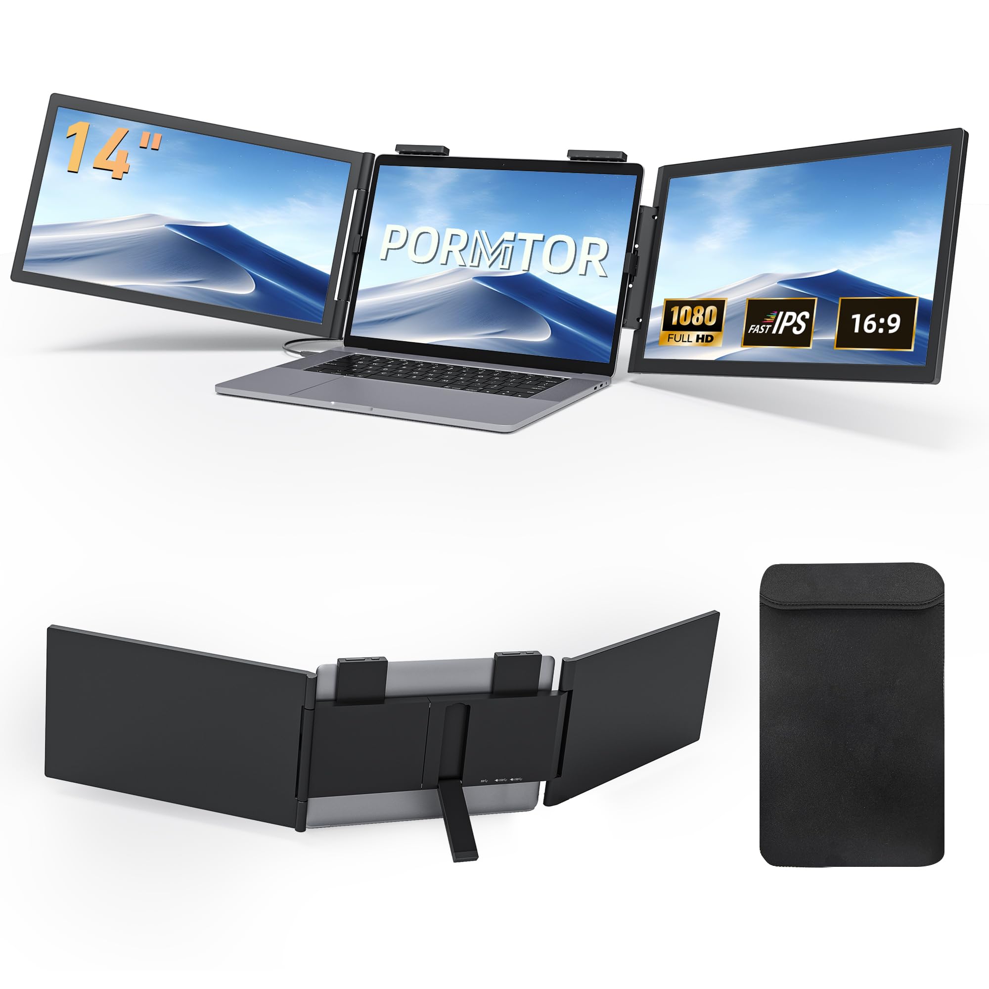 Pornitor Laptop Screen Extender, 14’’ FHD 1080P Triple Portable Monitor for Laptop with Ultra-Slim IPS Display, USB-C Plug and Play Multi Screen Attachment for 14"-16.5" Laptops