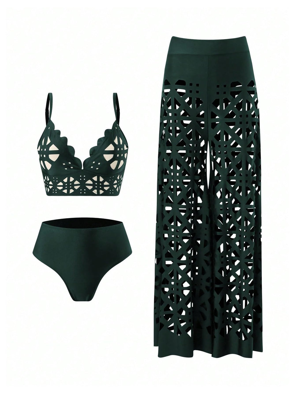 WDIRARA Women's 3 Piece Swimsuit Hollow Out Bikini Set with Cover Up Pants Green Large