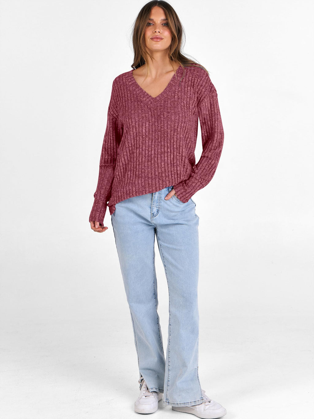 ANRABESS Long Sleeve Shirts for Women V Neck Casual Fall Tops Loose Fit Lightweight Sweaters Tunic Fashion 2025 Clothes Red Medium