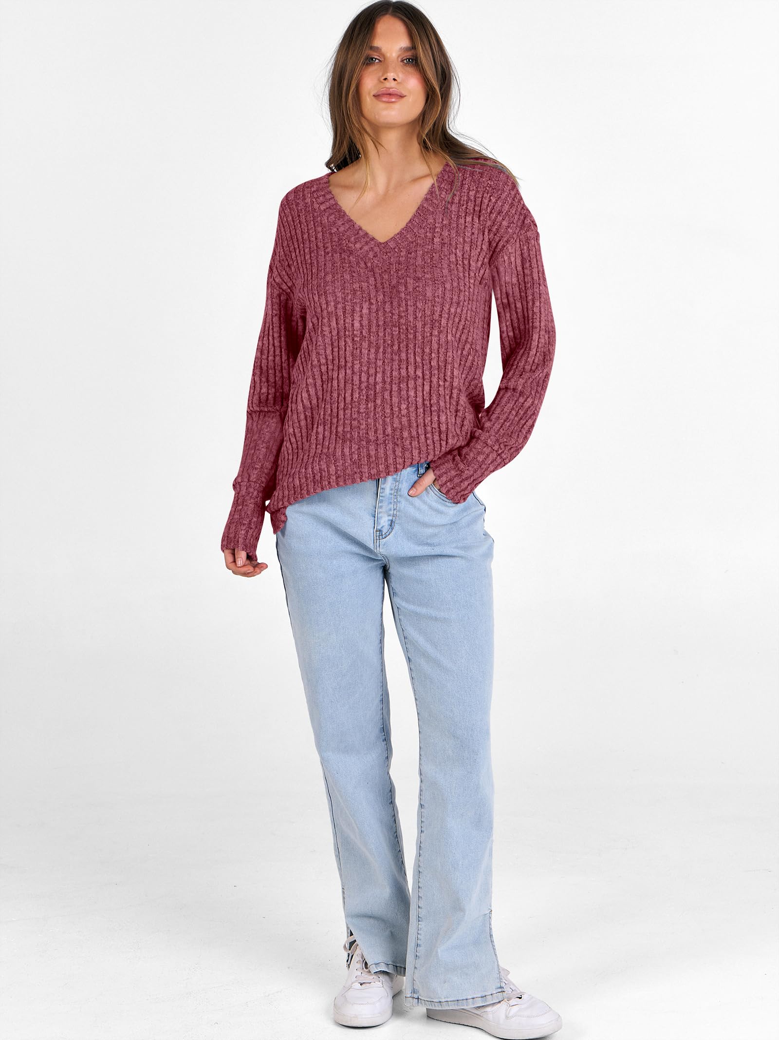 ANRABESS Long Sleeve Shirts for Women V Neck Casual Fall Tops Loose Fit Lightweight Sweaters Tunic Fashion 2025 Clothes Red Medium