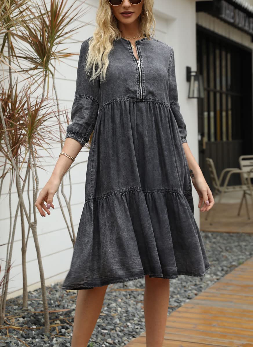chouyatou Women's Vintage Washed Loose Fit 3/4 Sleeve Tiered Babydoll Mini Denim Jean Dress (Large, Black)