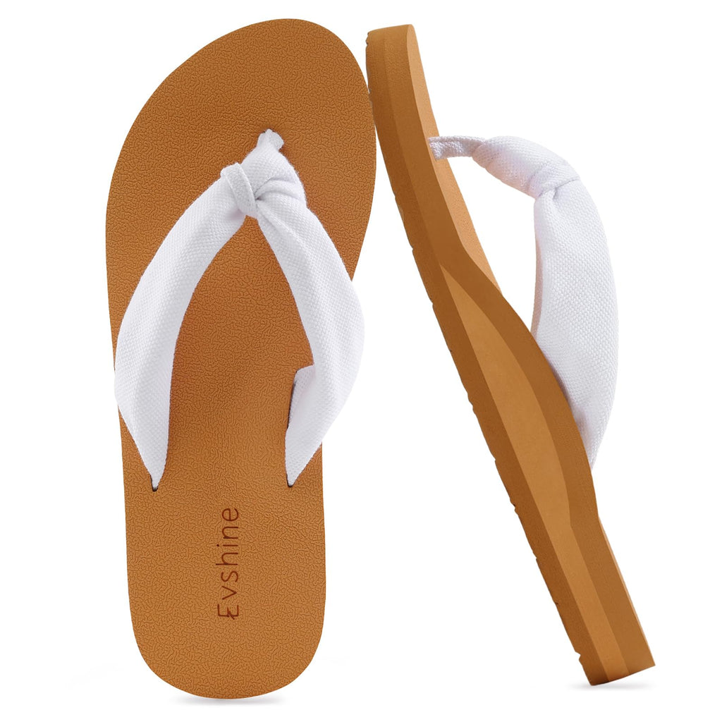 Evshine Women's Flip Flops with Moderate Arch Support, Summer Comfortable Yoga Mat Thong Sandals for Beach, Pool, Travel, White Khaki 39