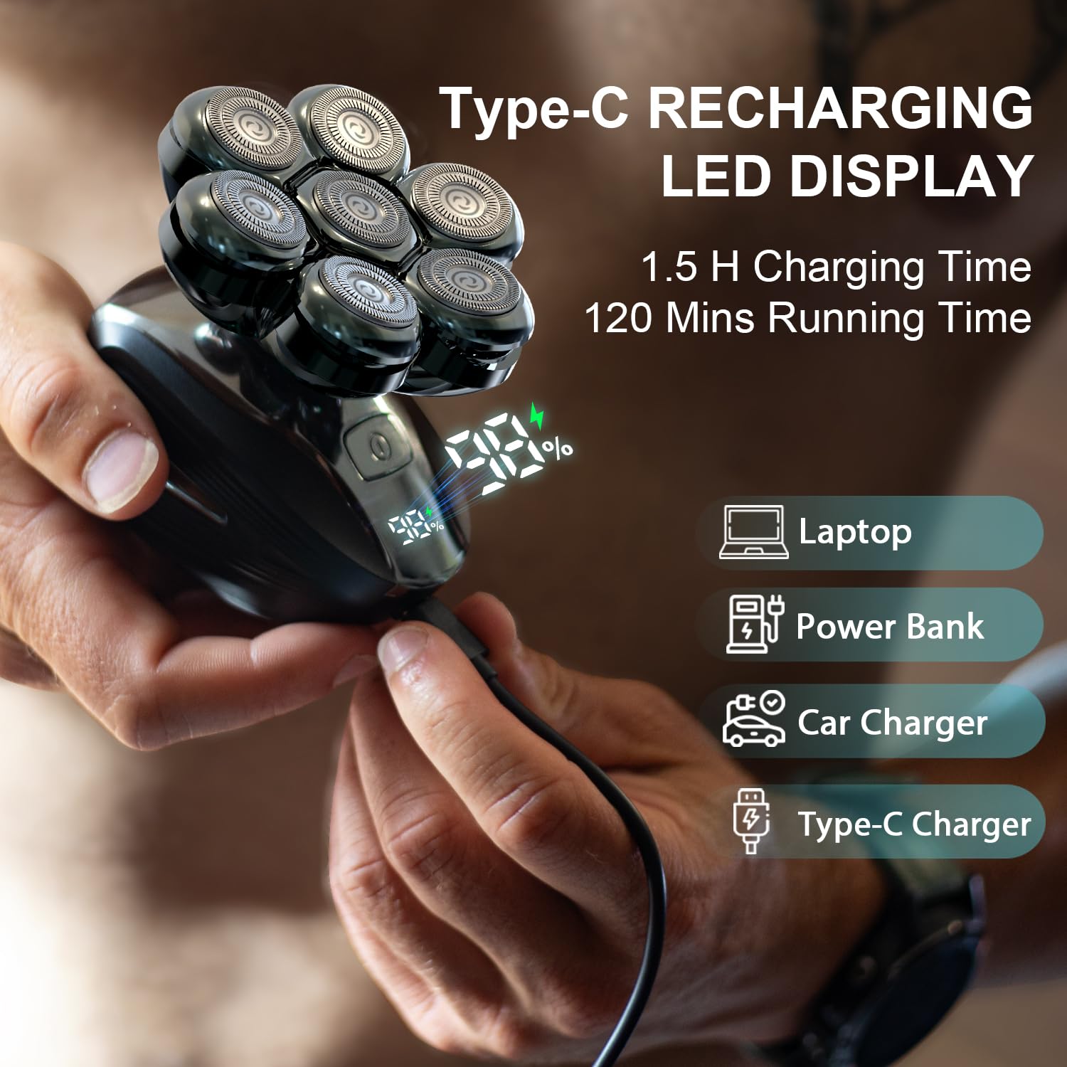 Head Shavers for Bald Men: Upgraded Detachable Head Shaver - IPX7 Waterproof Wet or Dry Electric Razor for Men - 7D LED Display Rechargeable Shaving Grooming Kit with Type-C Charge
