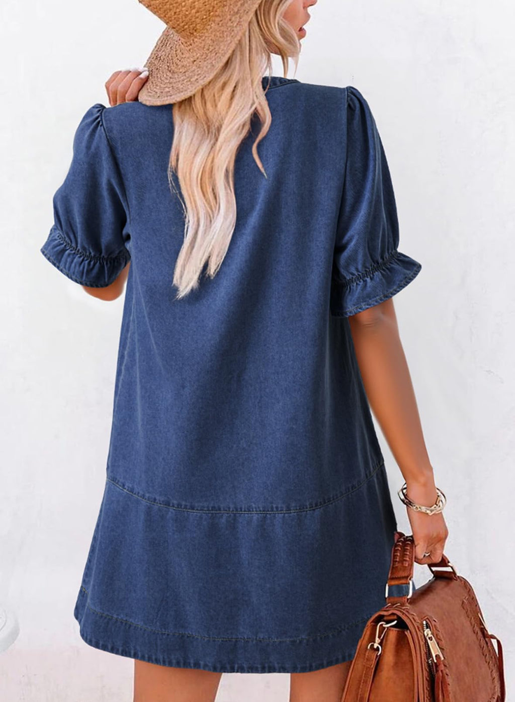 Dokotoo Dresses for Women Casual Summer Short Sleeve Babydoll Denim Dress Ladies Cute Crew Neck Button Front Fashion Mini Jean Dresses Outfits Dark Blue Large