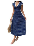 Milumia Women's Polka Dots Lace Trim Deep V Neck Dress Short Sleeve Flared Long Dresses Dark Blue XX-Small