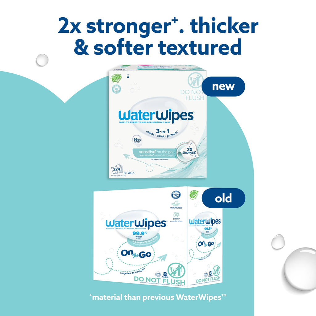 WaterWipes Sensitive+ On The Go Wipes, 224 Count (8 Packs), 3-In-1 Cleans, Cares, Protects, 99.9% Water, Unscented Wet Wipes