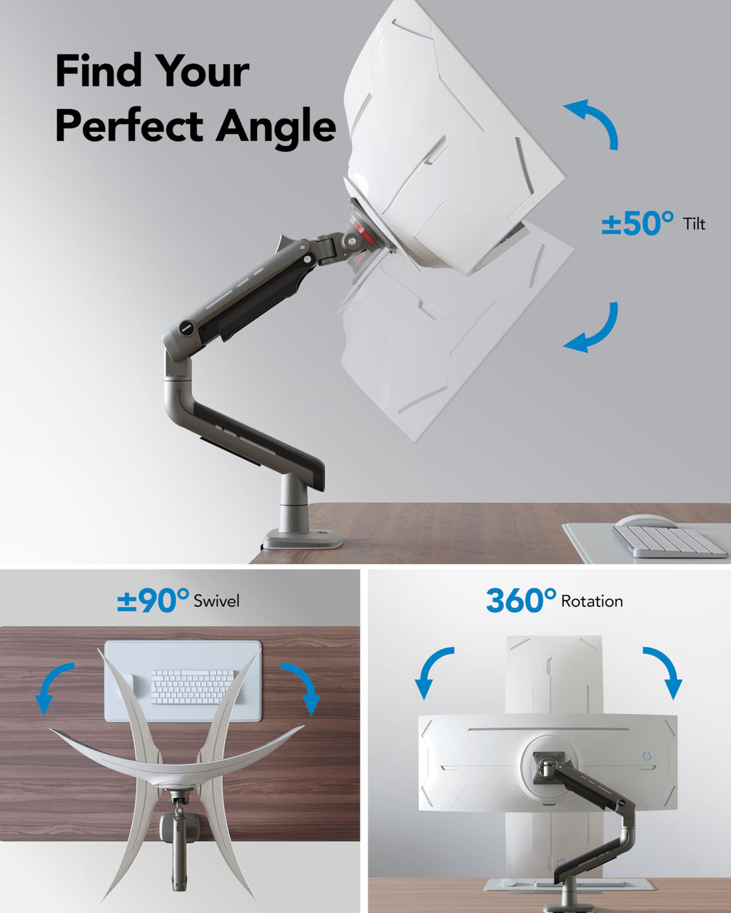 HUANUO TitanLift Heavy Duty Monitor Arm for Screens up to 49", Holds 44 lbs, Aluminum Ultrawide Screen Desk Mount, Fully Adjustable Single Gaming Monitor Mount with Dual C-Clamp, Max VESA 100x100mm