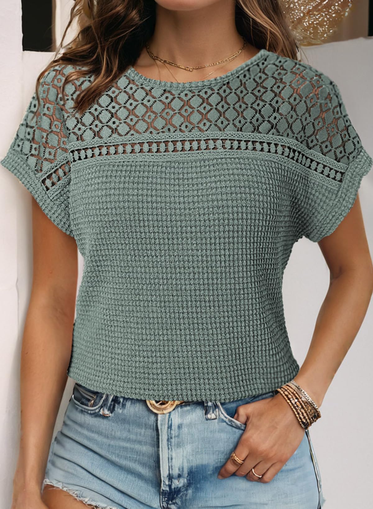Dokotoo Shirts for Women Waffle Knit Womens Summer Tops Lace Short Sleeve Business Casual T Shirts Trendy Fashion Clothes Spring Outfits 2026 Lightweight Ladies Tops and Blouses Mist Green S