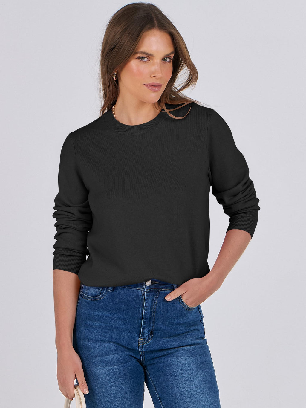 ANRABESS Sweaters for Women Long Sleeve Lightweight Crewneck Soft Basic Knit Loose Fit Pullover Top 2025 Fall Trendy Outfits Black Small