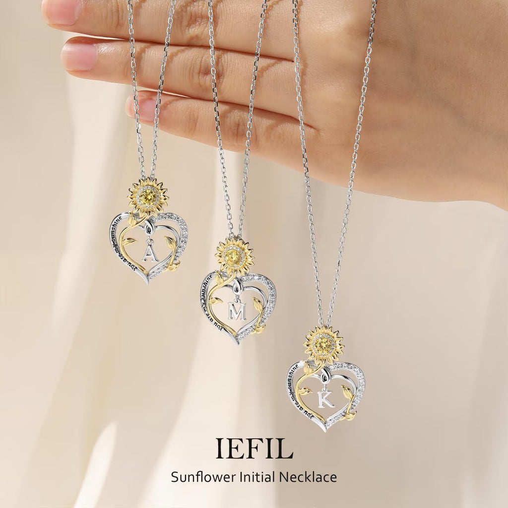 Iefil Valentines Day Gifts for Her Women - Anniversary Women Gifts, Sunflower Heart Initial Necklace, Sunflower Womens Jewelry