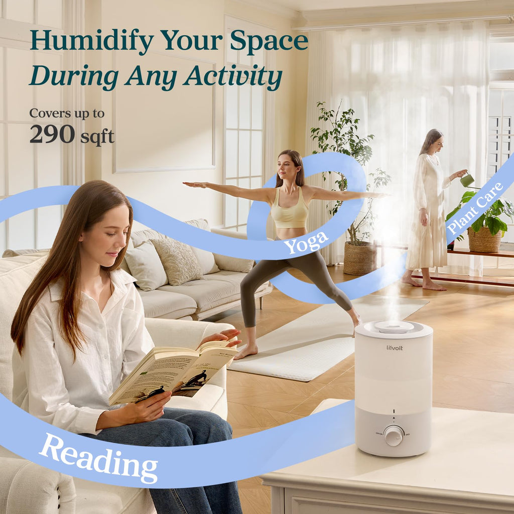 LEVOIT - Humidifiers for Bedroom - Quiet (3L Water Tank) - Cool Mist/Top Fill/Essential Oil Diffuser/25Watt - Home/Large Room - 360° Nozzle - Rapid Ultrasonic Humidification for Baby Nursery/Plant