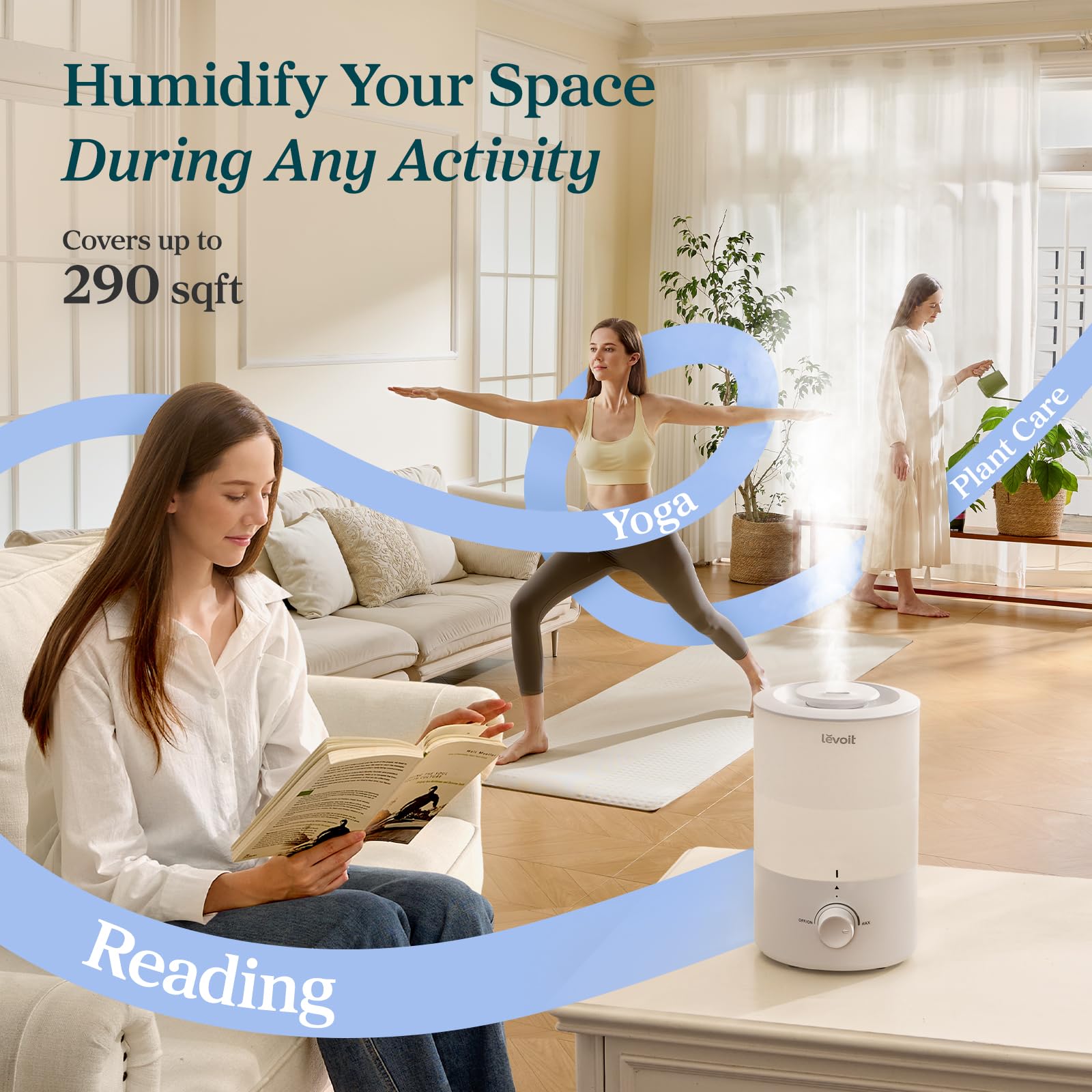 LEVOIT - Humidifiers for Bedroom - Quiet (3L Water Tank) - Cool Mist/Top Fill/Essential Oil Diffuser/25Watt - Home/Large Room - 360° Nozzle - Rapid Ultrasonic Humidification for Baby Nursery/Plant