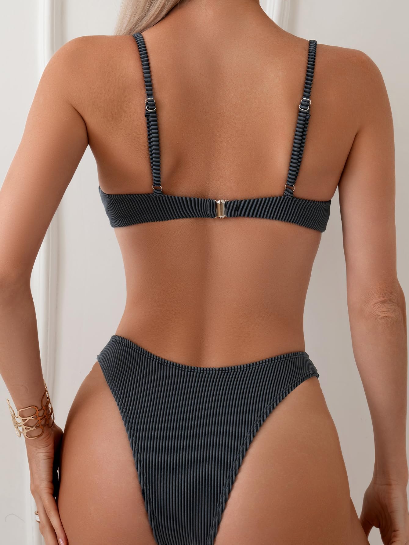 Fanuerg Women Underwire Triangle Bikini Spaghetti Strap Push Up Swimsuit Cheeky Two Piece Bathing Suit Grey S