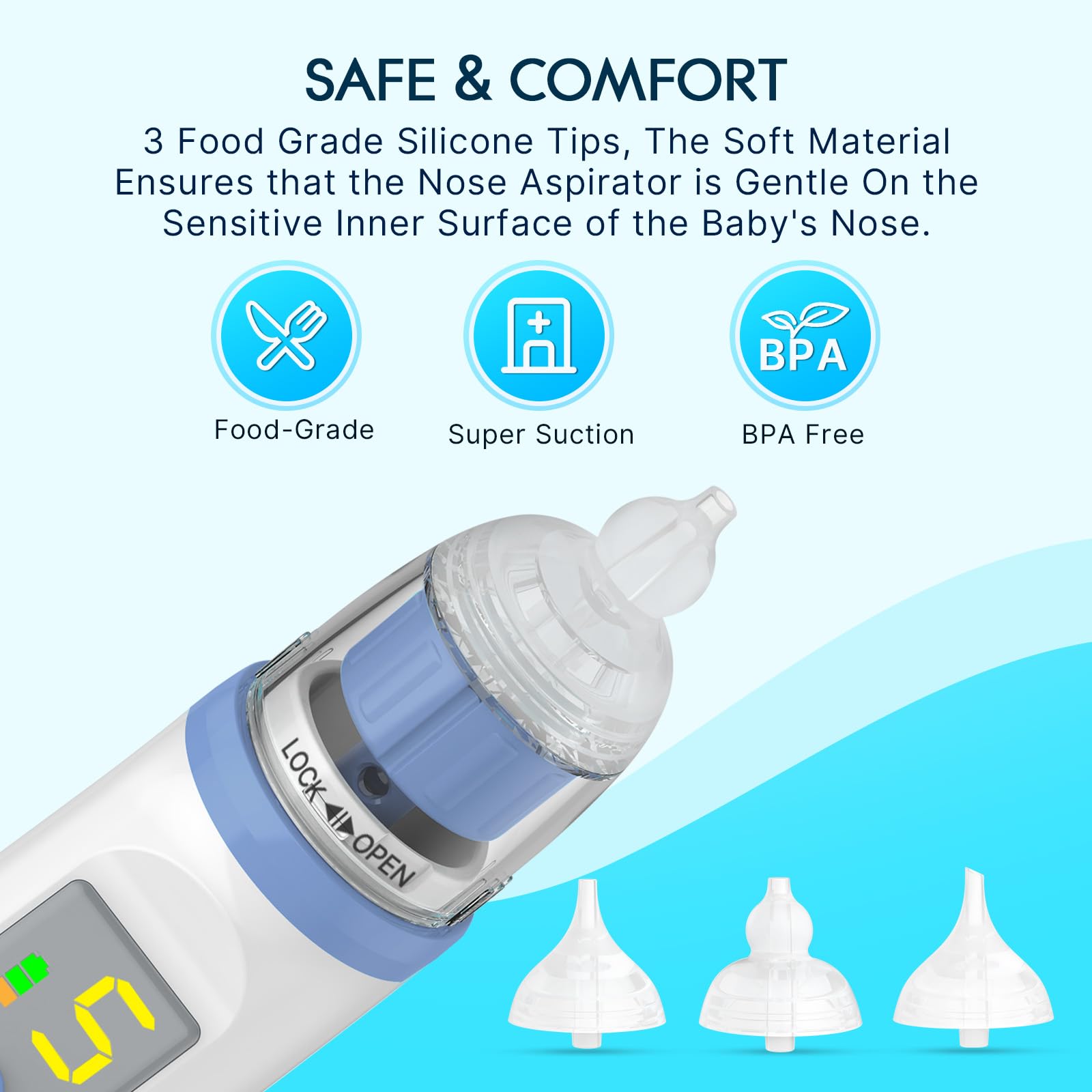Electric Nasal Aspirator for Baby, Nose Aspirator for Toddlers, Rechargeable Baby Nose Sucker, Nose Cleaner with 3 Silicone Tips, 5 Suction Levels, Music and Light Soothing Function，Blue