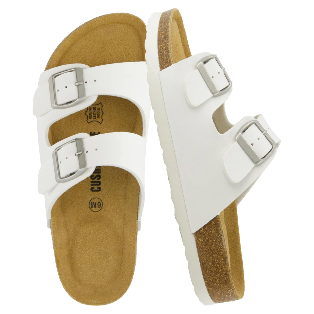 CUSHIONAIRE Lane Cork Footbed Womens Sandals Comfortable Double Buckle Slip On Sandals for Women with Arch Support and Classic Two Strap Design, WHITE 8W
