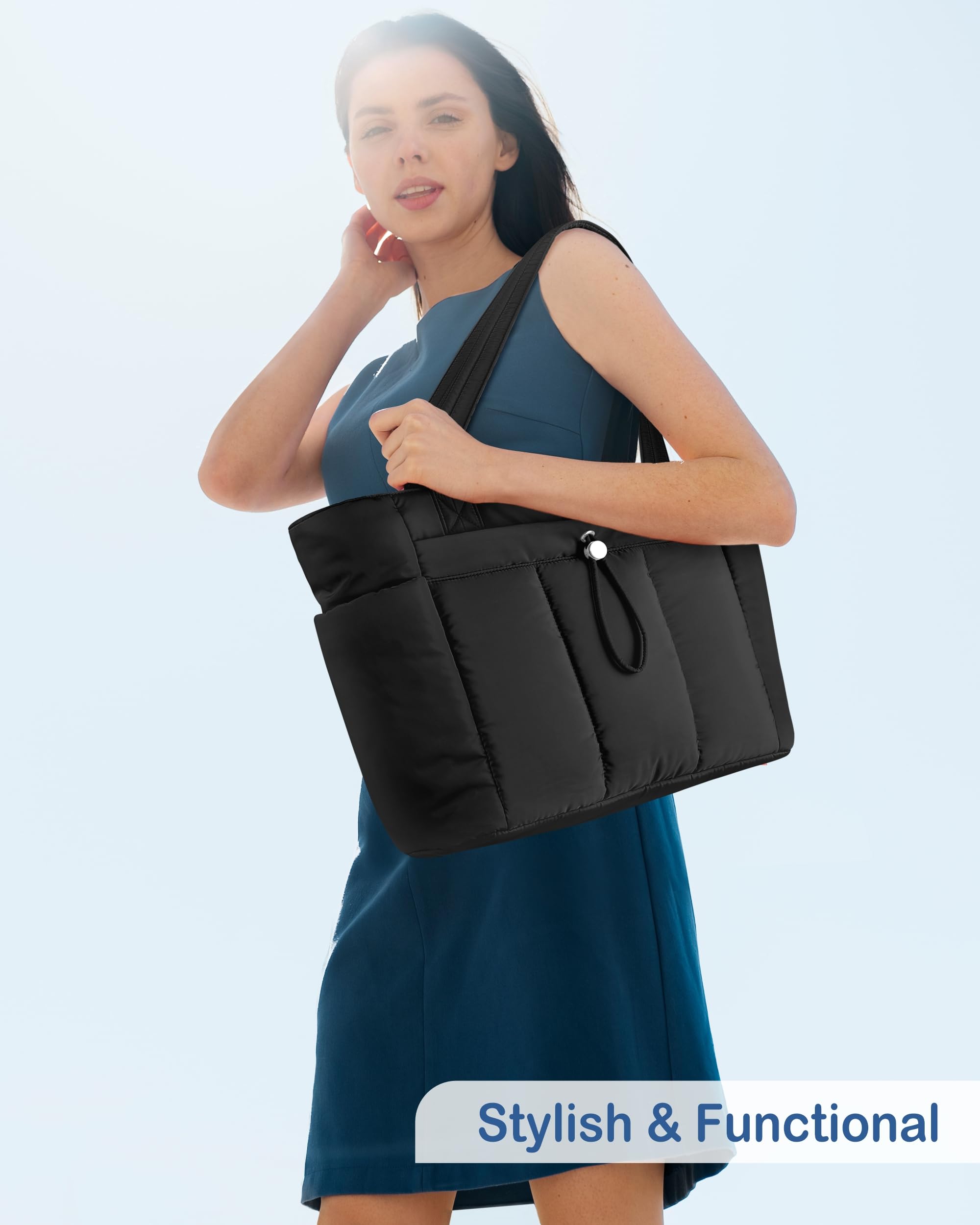 TOPDesign Puffy Tote Bag for Women with Cup Holder & Laptop Compartment & Cosmetic Bag & Trolley Sleeve for Work, Travel (M Black)