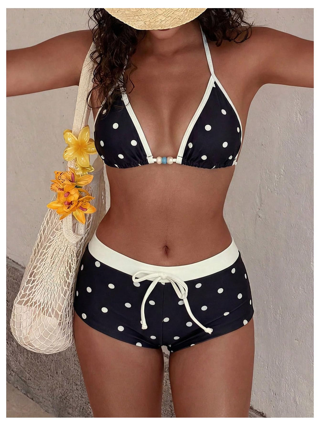 WDIRARA Women's Polka Dots 2 Piece Swimsuit Triangle Halter Bikini Set Boyshorts Bathing Suit Black Medium
