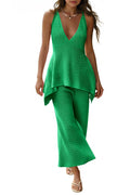 Tankaneo Womens 2 Piece Knit Sets Summer Vacation Outfits Deep V Neck Flowy Tank Tops Wide Leg Pants Sweater Matching Sets