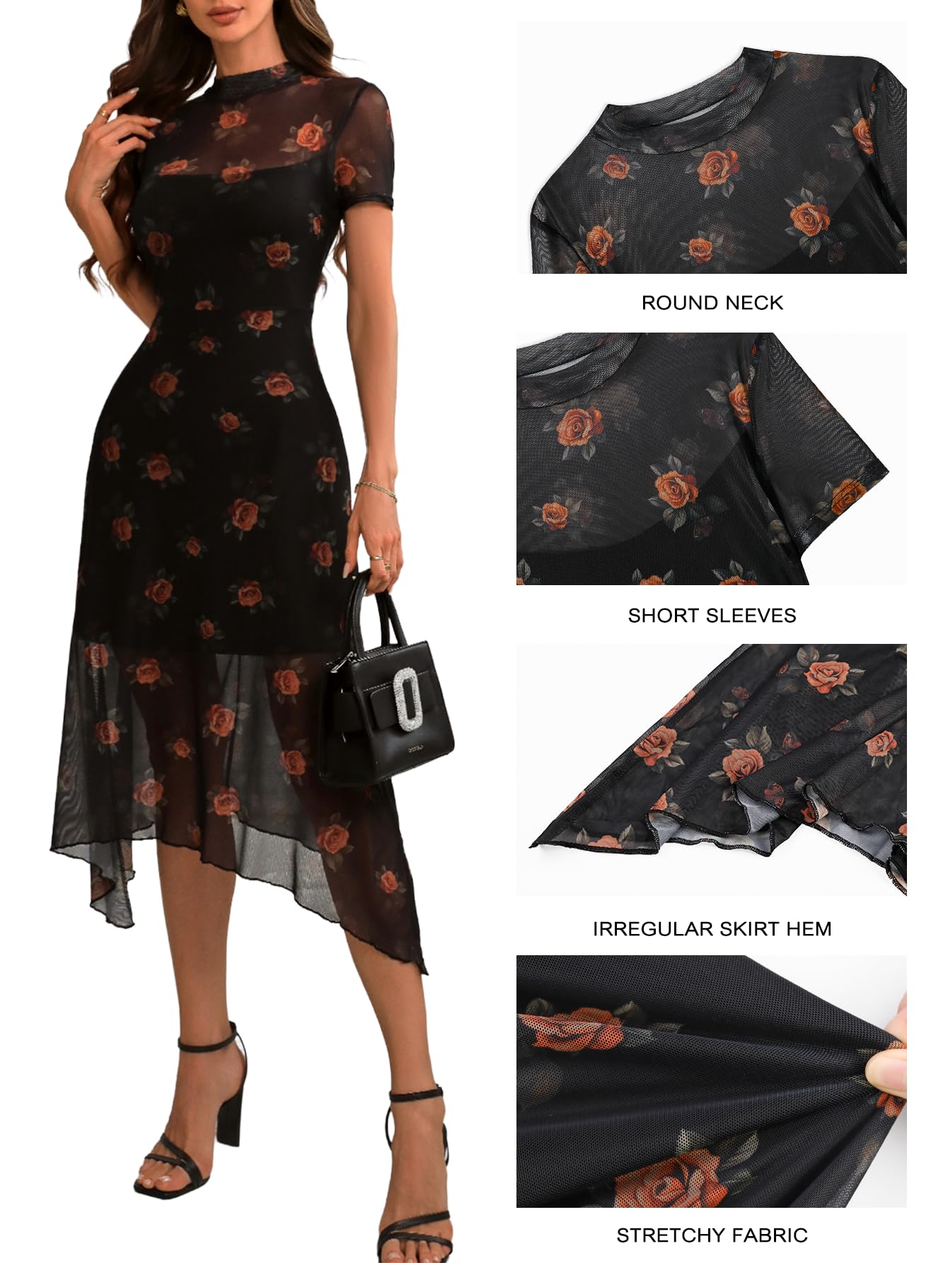 GothDark Women's Wedding Guest Floral Print Vintage Goth Dress Mesh Spliced Double-Layered Irregular Hemline Midi Dresses