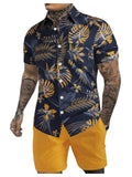 GORGLITTER Men's Vacation Beach Cruise Summer Outfits 2 Piece Shorts Set Hawaiian Button Down Shirt and Shorts Blue and Yellow X-Large